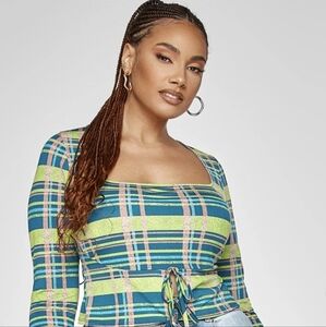 Fashion to Figure Blue and Yellow Long Sleeve Tie Front Blouse